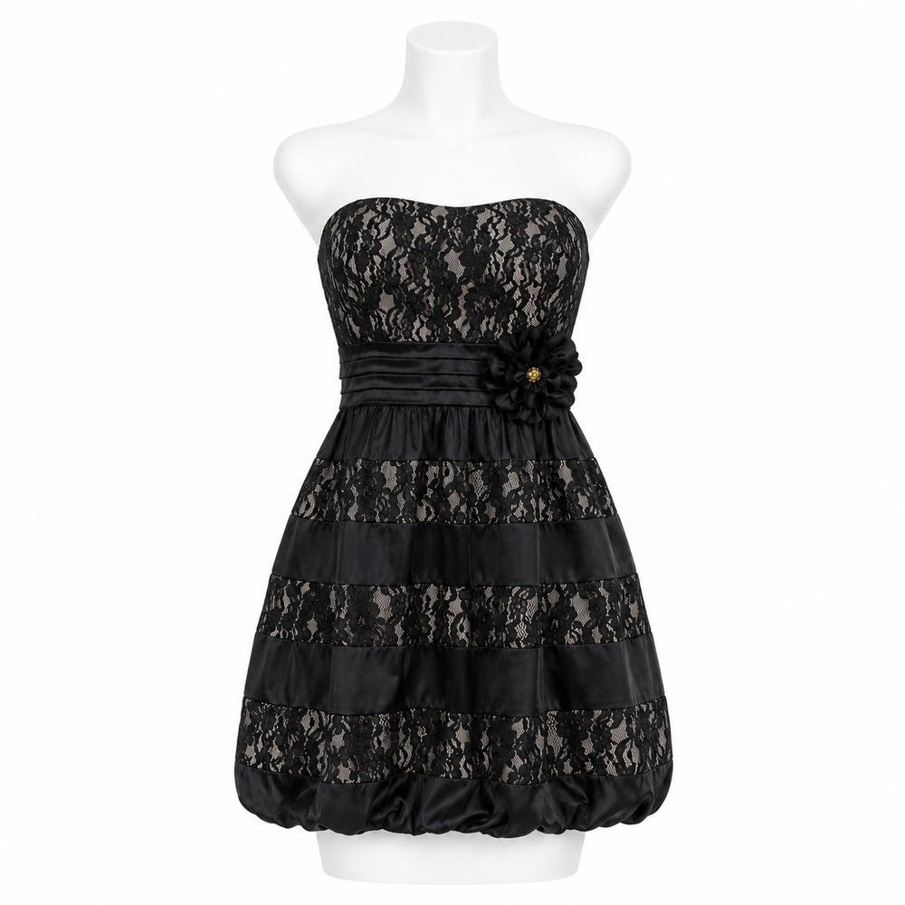 City Triangles Dress Junior 11 Black Lace Strapless Bubble Hem Rosette Party Y2K
